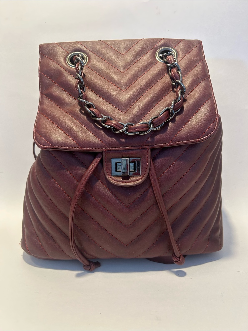 Quilted Burgundy Leather-Style Backpack Purse